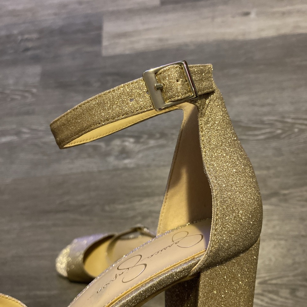 JESSICA SIMPSON "SHERRON" ANKLE STRAP BLOCK HEEL SANDAL GOLD GLITTER FINISH 10M - Picture 8 of 16